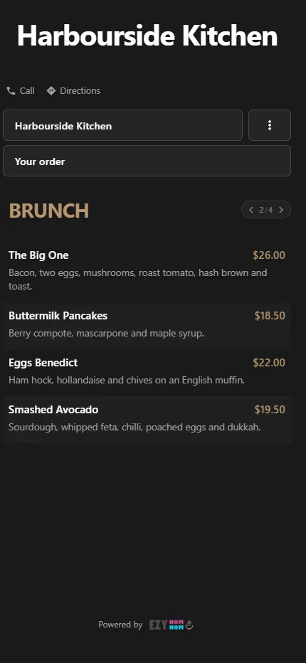 A venue's menu on a phone, showing dishes with prices and descriptions